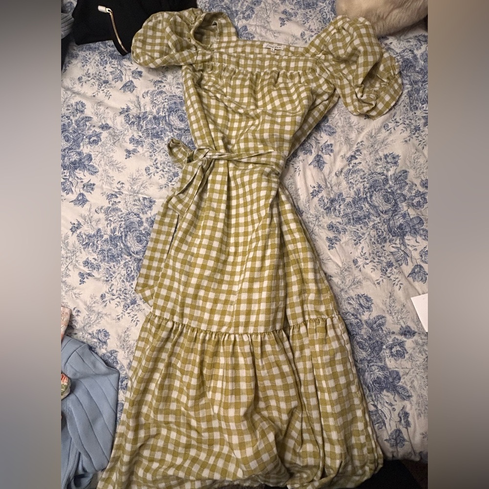 emory park Olive Green Gingham Puff-Sleeve Maxi Dress